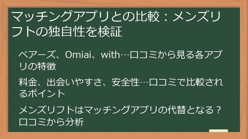 マッチングアプリとの比較：メンズリフトの独自性を検証